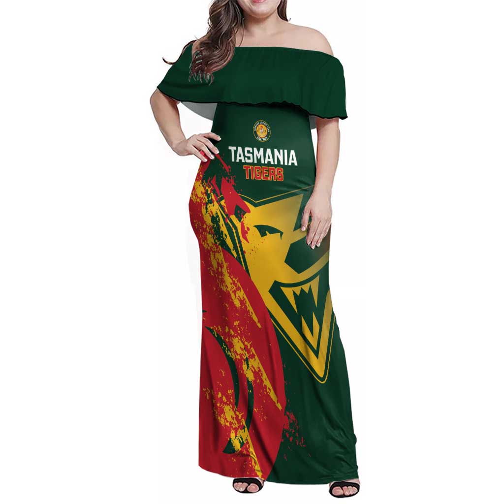 Custom Australia Tasmania Cricket Family Matching Off Shoulder Maxi Dress and Hawaiian Shirt Go Tasmanian Tigers - Grunge Style