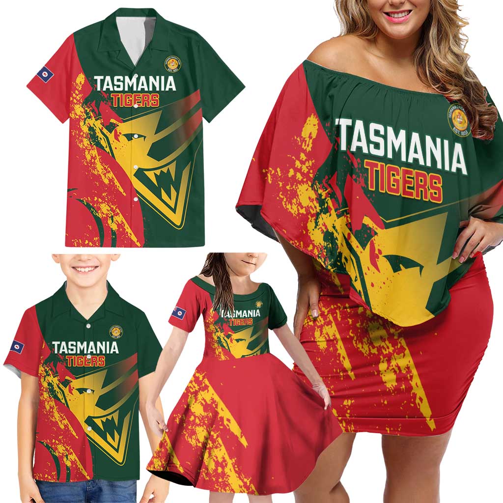 Custom Australia Tasmania Cricket Family Matching Off Shoulder Short Dress and Hawaiian Shirt Go Tasmanian Tigers - Grunge Style