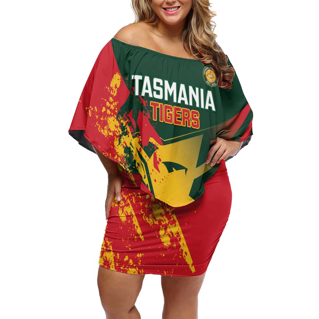 Custom Australia Tasmania Cricket Family Matching Off Shoulder Short Dress and Hawaiian Shirt Go Tasmanian Tigers - Grunge Style