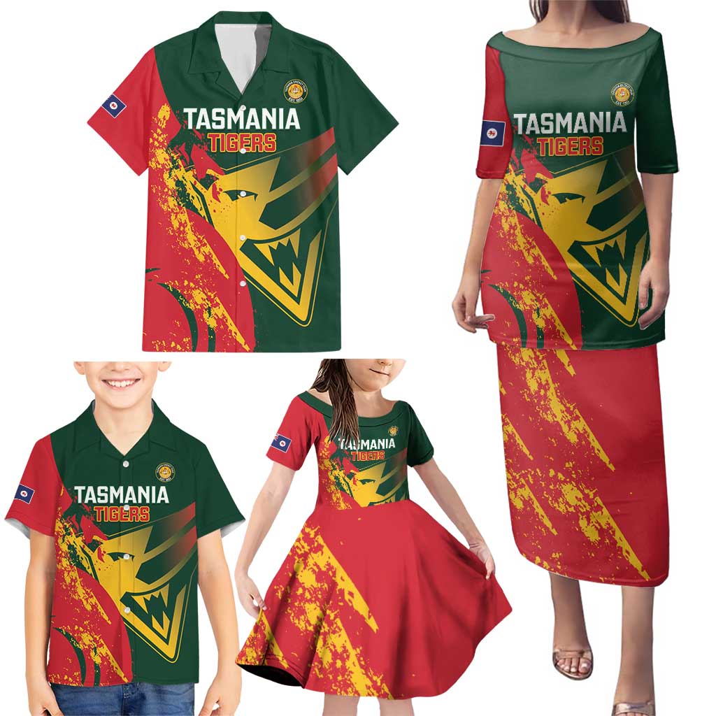 Custom Australia Tasmania Cricket Family Matching Puletasi and Hawaiian Shirt Go Tasmanian Tigers - Grunge Style