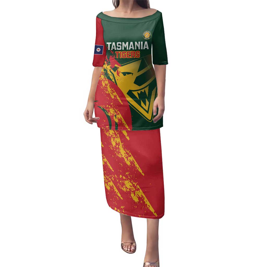 Custom Australia Tasmania Cricket Family Matching Puletasi and Hawaiian Shirt Go Tasmanian Tigers - Grunge Style