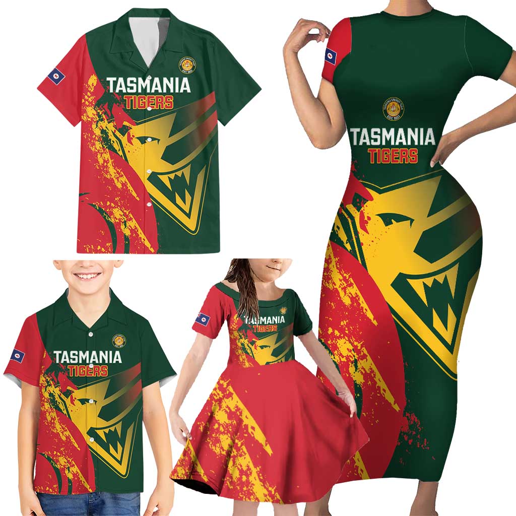 Custom Australia Tasmania Cricket Family Matching Short Sleeve Bodycon Dress and Hawaiian Shirt Go Tasmanian Tigers - Grunge Style