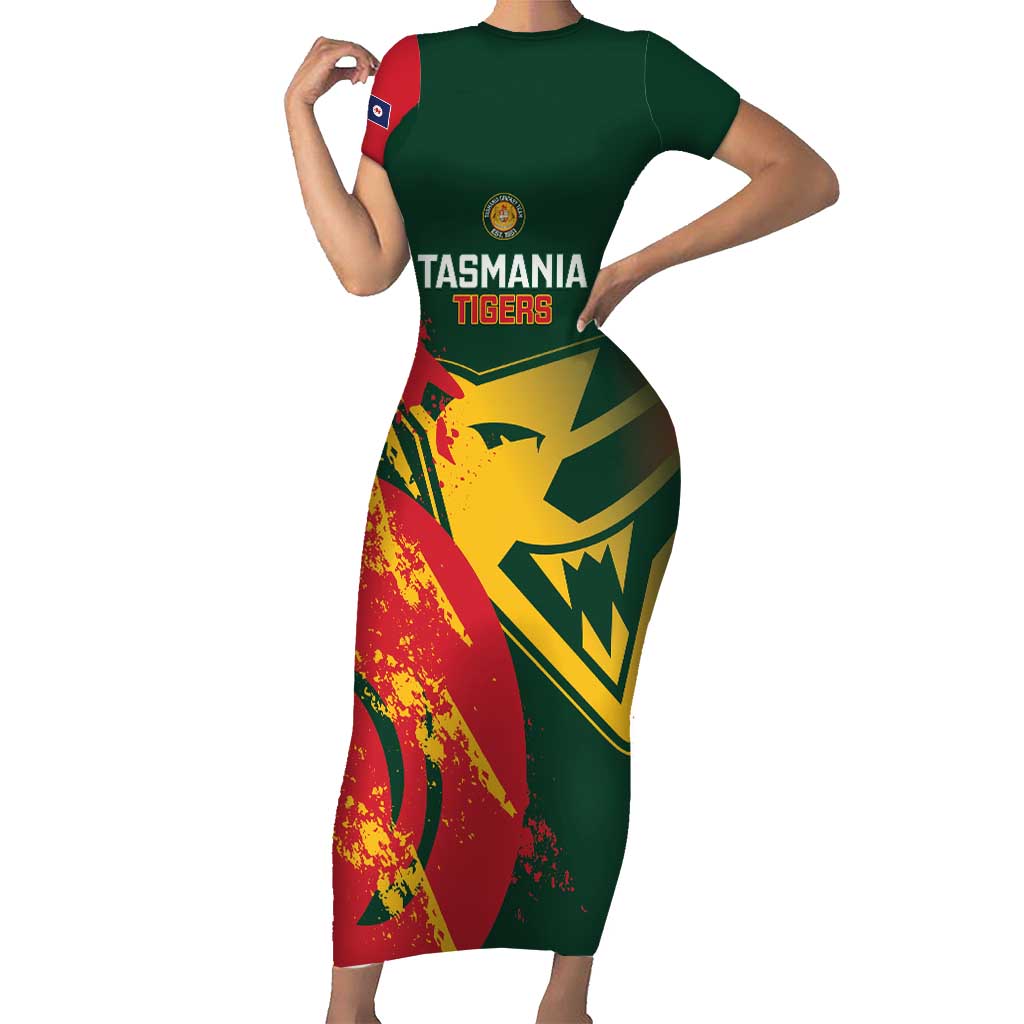 Custom Australia Tasmania Cricket Family Matching Short Sleeve Bodycon Dress and Hawaiian Shirt Go Tasmanian Tigers - Grunge Style