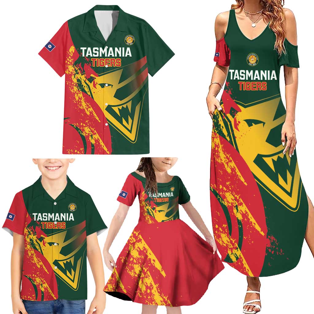 Custom Australia Tasmania Cricket Family Matching Summer Maxi Dress and Hawaiian Shirt Go Tasmanian Tigers - Grunge Style