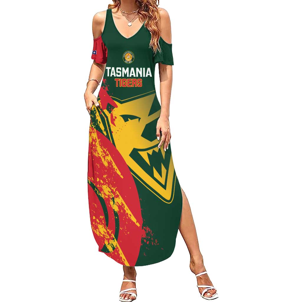 Custom Australia Tasmania Cricket Family Matching Summer Maxi Dress and Hawaiian Shirt Go Tasmanian Tigers - Grunge Style