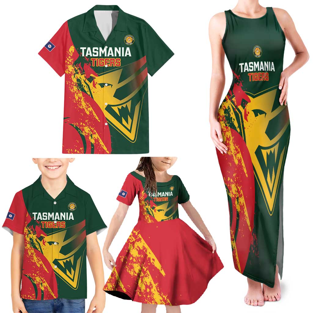 Custom Australia Tasmania Cricket Family Matching Tank Maxi Dress and Hawaiian Shirt Go Tasmanian Tigers - Grunge Style