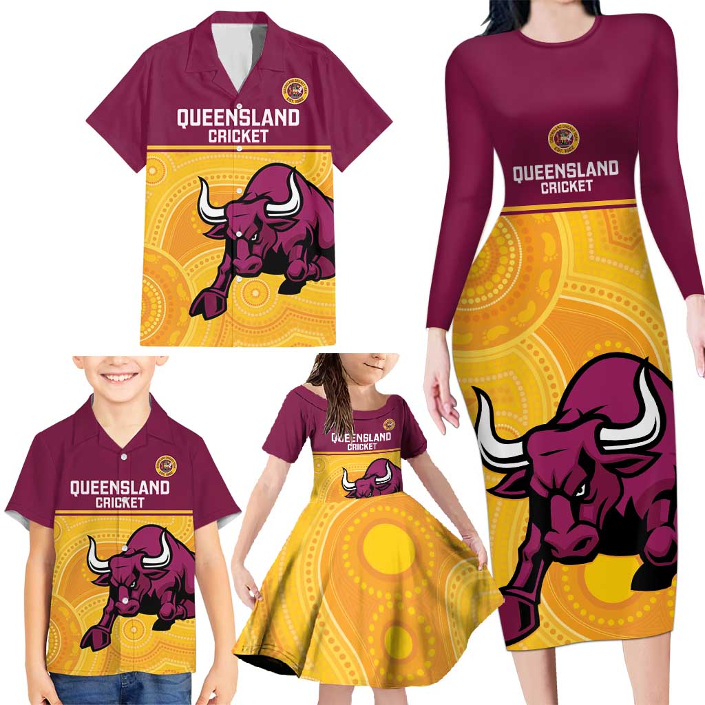 Custom Australia Queensland Cricket Family Matching Long Sleeve Bodycon Dress and Hawaiian Shirt Go Bulls - Aboriginal Art