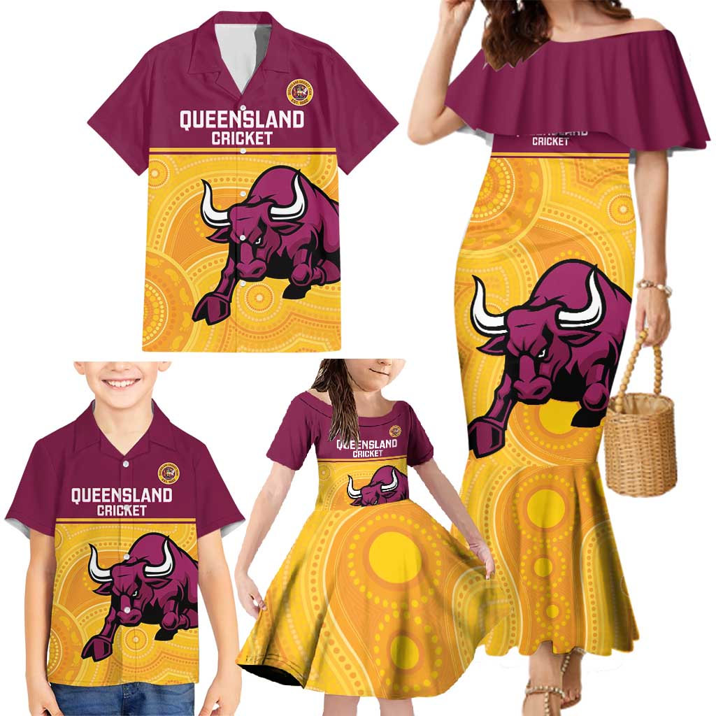 Custom Australia Queensland Cricket Family Matching Mermaid Dress and Hawaiian Shirt Go Bulls - Aboriginal Art