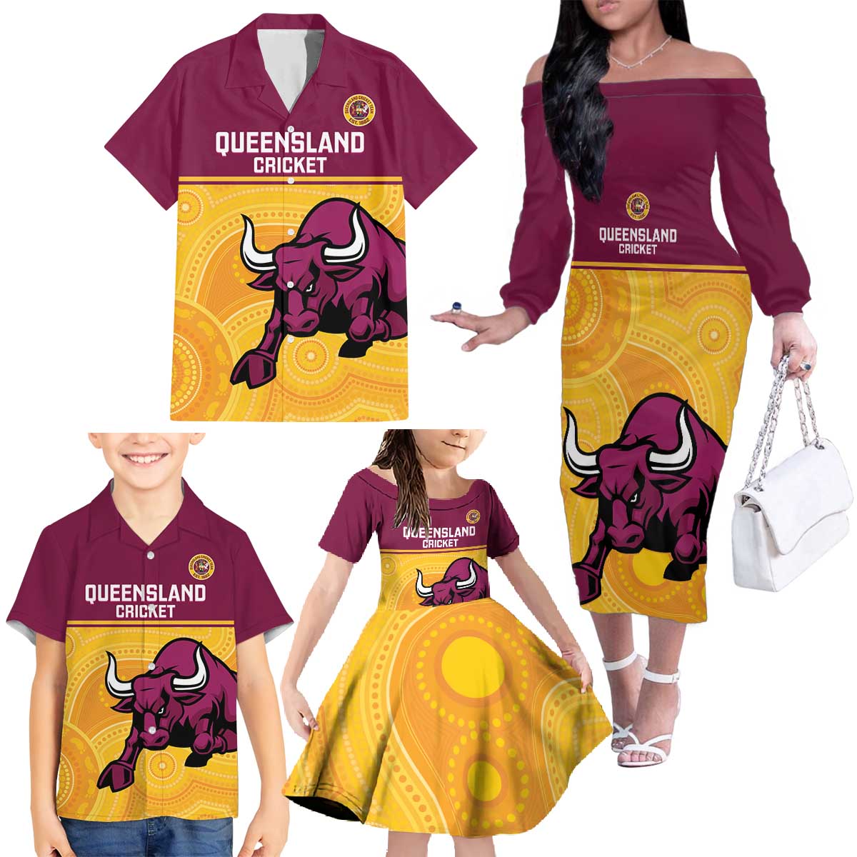 Custom Australia Queensland Cricket Family Matching Off The Shoulder Long Sleeve Dress and Hawaiian Shirt Go Bulls - Aboriginal Art