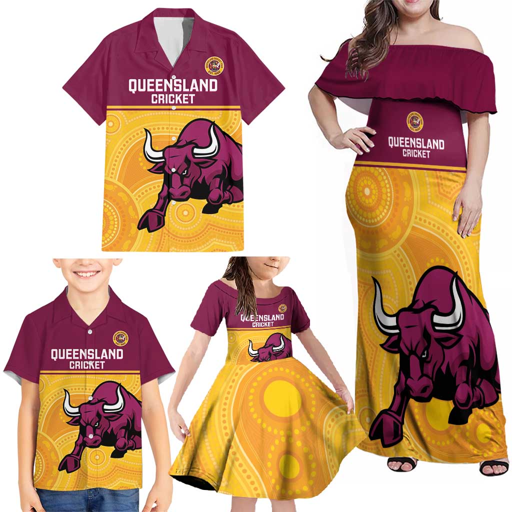 Custom Australia Queensland Cricket Family Matching Off Shoulder Maxi Dress and Hawaiian Shirt Go Bulls - Aboriginal Art