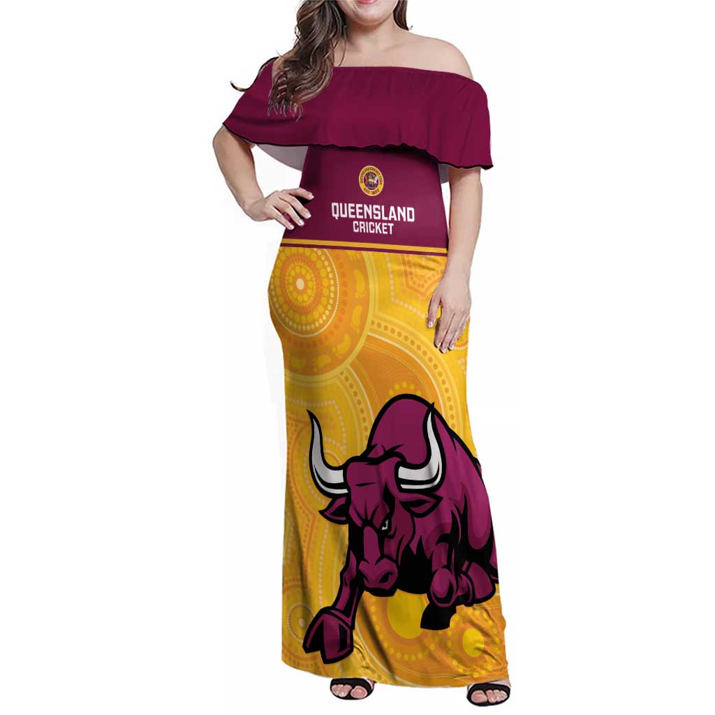 Custom Australia Queensland Cricket Family Matching Off Shoulder Maxi Dress and Hawaiian Shirt Go Bulls - Aboriginal Art