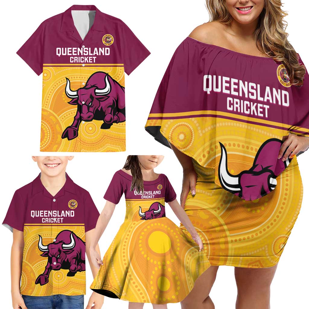 Custom Australia Queensland Cricket Family Matching Off Shoulder Short Dress and Hawaiian Shirt Go Bulls - Aboriginal Art