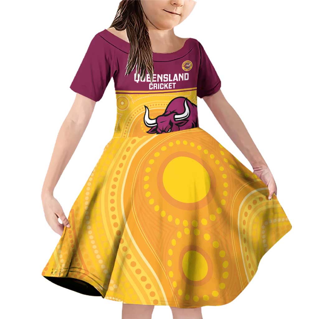 Custom Australia Queensland Cricket Family Matching Off Shoulder Short Dress and Hawaiian Shirt Go Bulls - Aboriginal Art