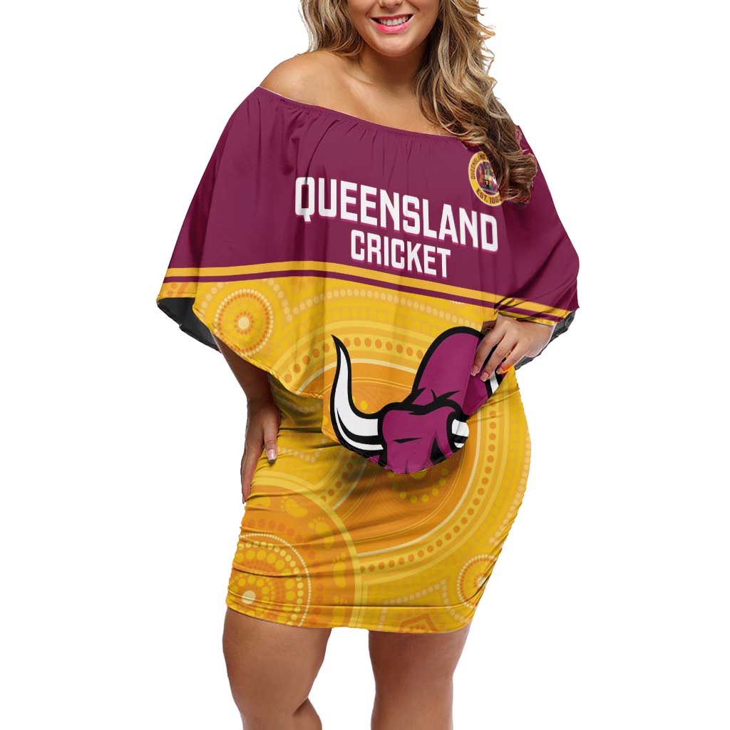 Custom Australia Queensland Cricket Family Matching Off Shoulder Short Dress and Hawaiian Shirt Go Bulls - Aboriginal Art