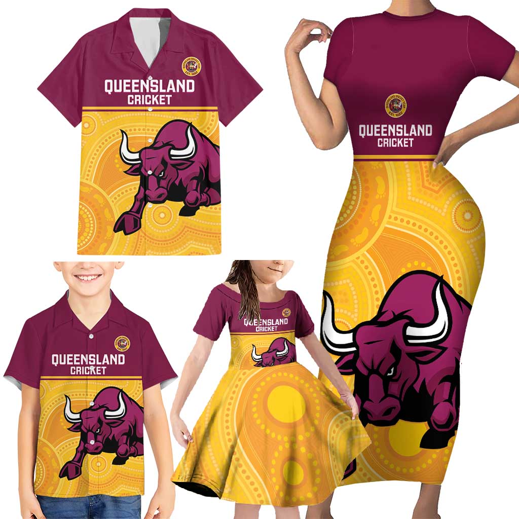 Custom Australia Queensland Cricket Family Matching Short Sleeve Bodycon Dress and Hawaiian Shirt Go Bulls - Aboriginal Art