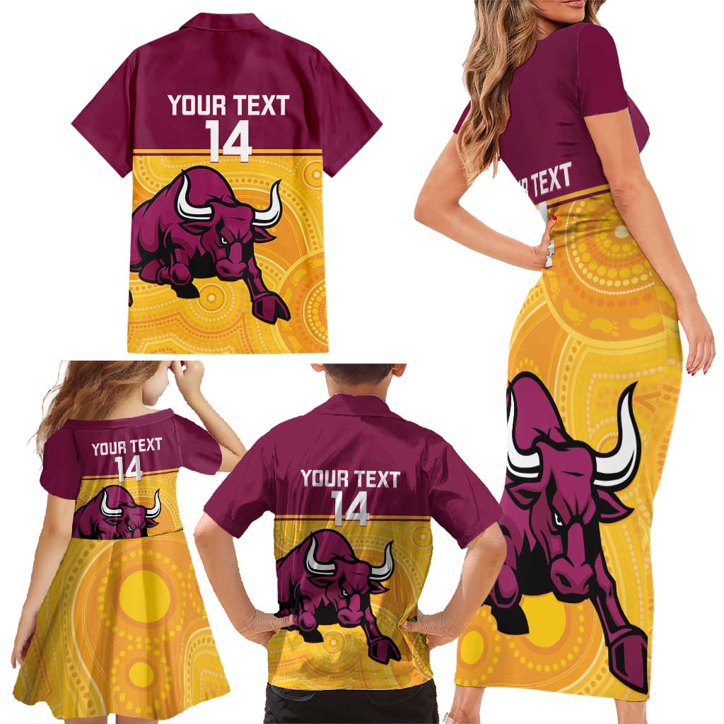 Custom Australia Queensland Cricket Family Matching Short Sleeve Bodycon Dress and Hawaiian Shirt Go Bulls - Aboriginal Art