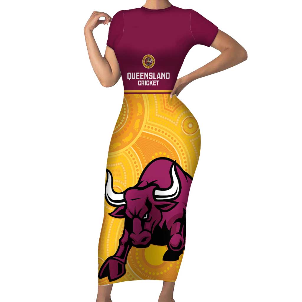 Custom Australia Queensland Cricket Family Matching Short Sleeve Bodycon Dress and Hawaiian Shirt Go Bulls - Aboriginal Art