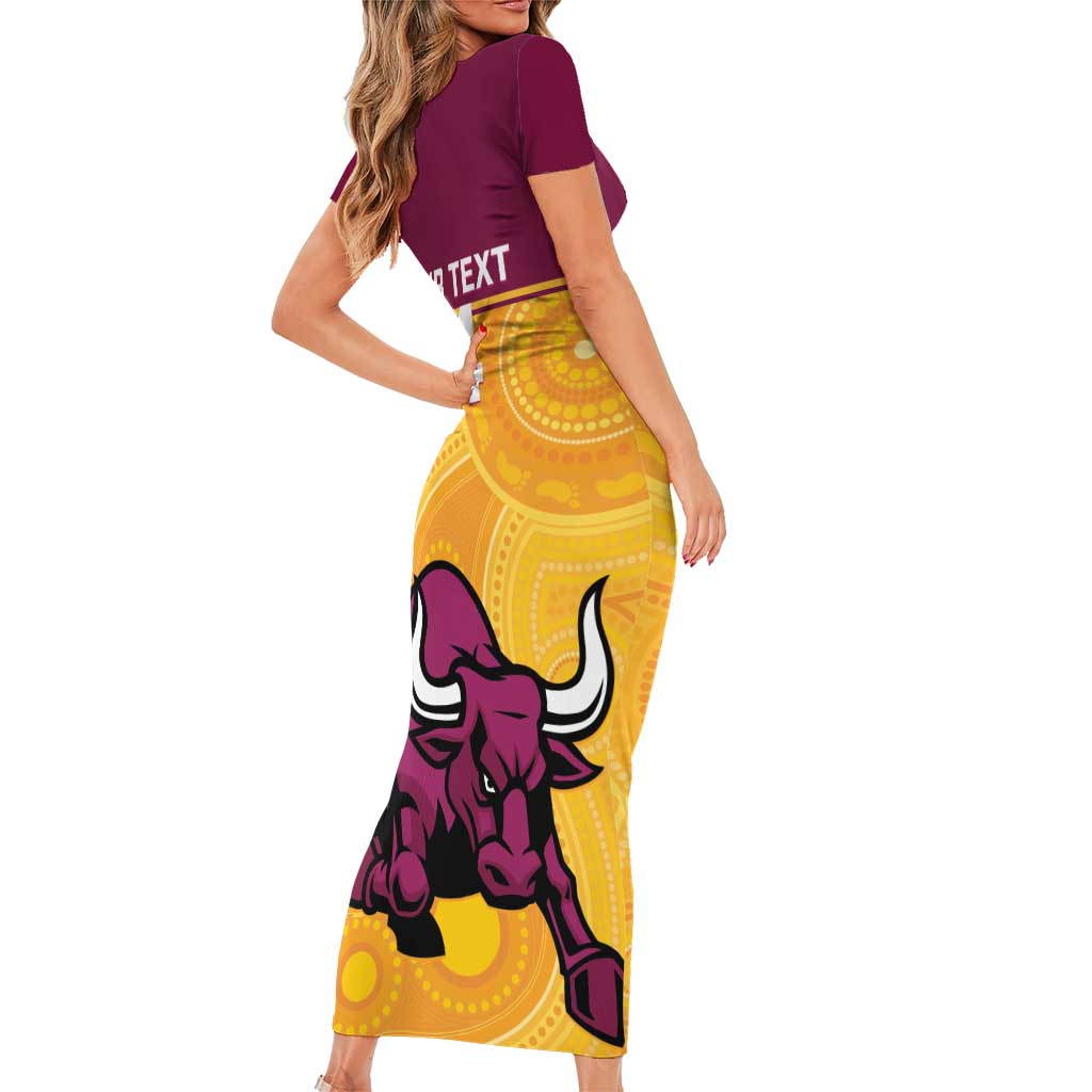 Custom Australia Queensland Cricket Family Matching Short Sleeve Bodycon Dress and Hawaiian Shirt Go Bulls - Aboriginal Art