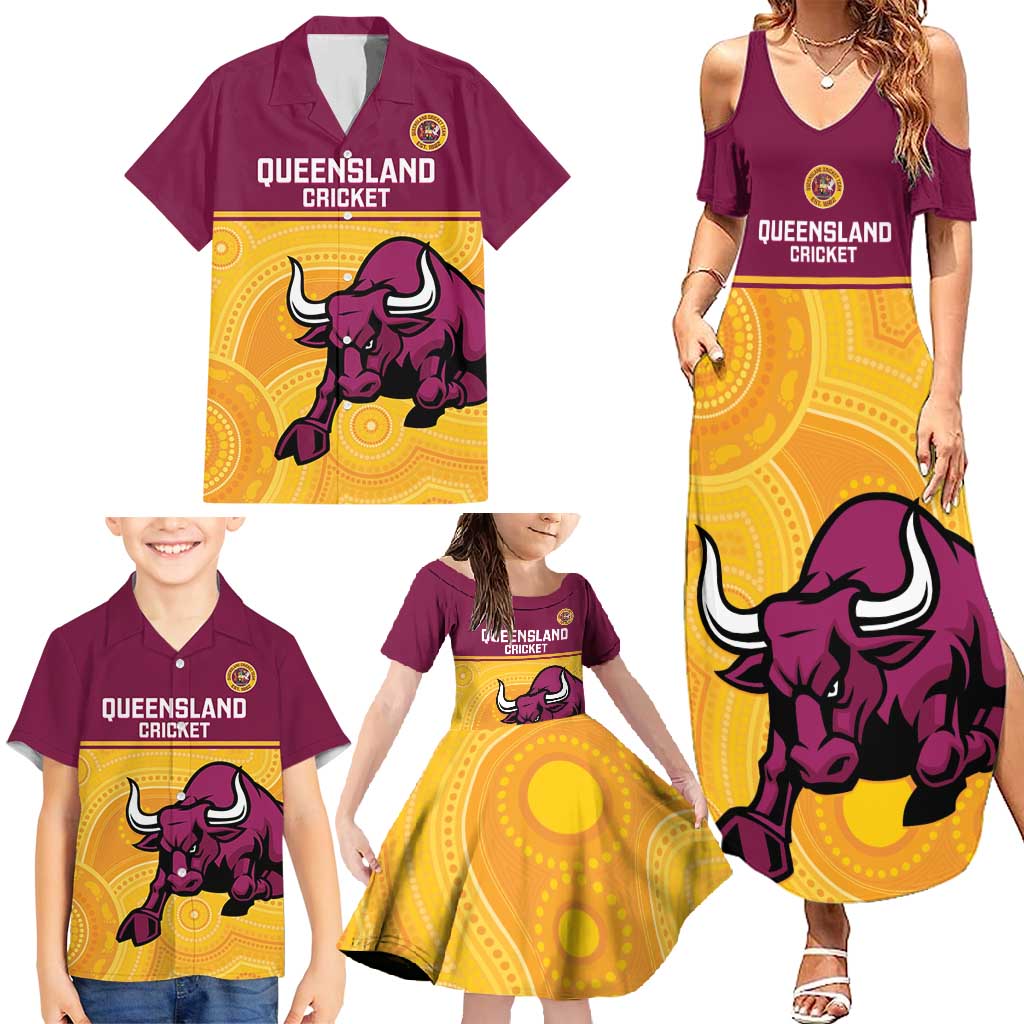 Custom Australia Queensland Cricket Family Matching Summer Maxi Dress and Hawaiian Shirt Go Bulls - Aboriginal Art