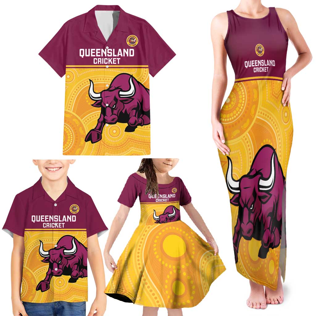 Custom Australia Queensland Cricket Family Matching Tank Maxi Dress and Hawaiian Shirt Go Bulls - Aboriginal Art