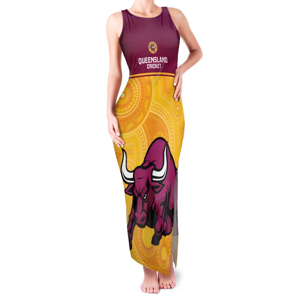 Custom Australia Queensland Cricket Family Matching Tank Maxi Dress and Hawaiian Shirt Go Bulls - Aboriginal Art