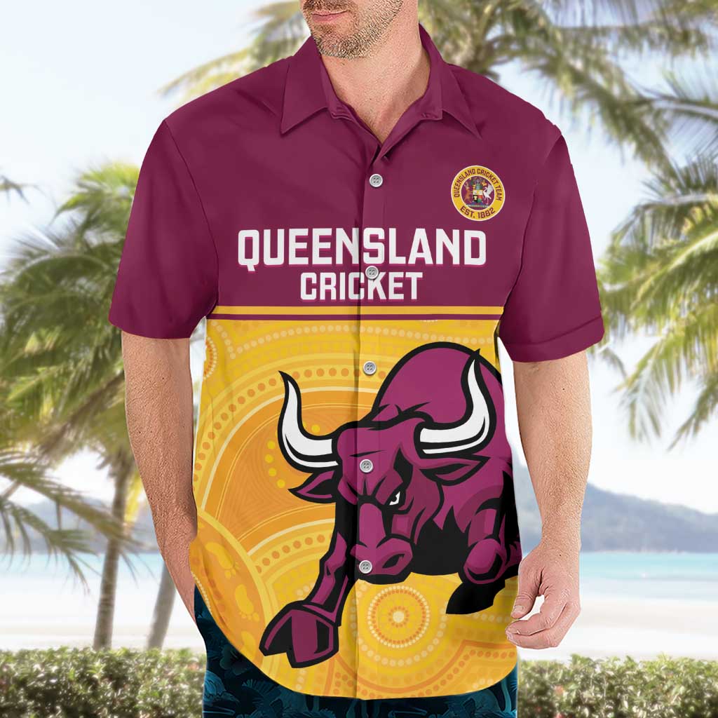 Custom Australia Queensland Cricket Hawaiian Shirt Go Bulls - Aboriginal Art - Vibe Hoodie Shop