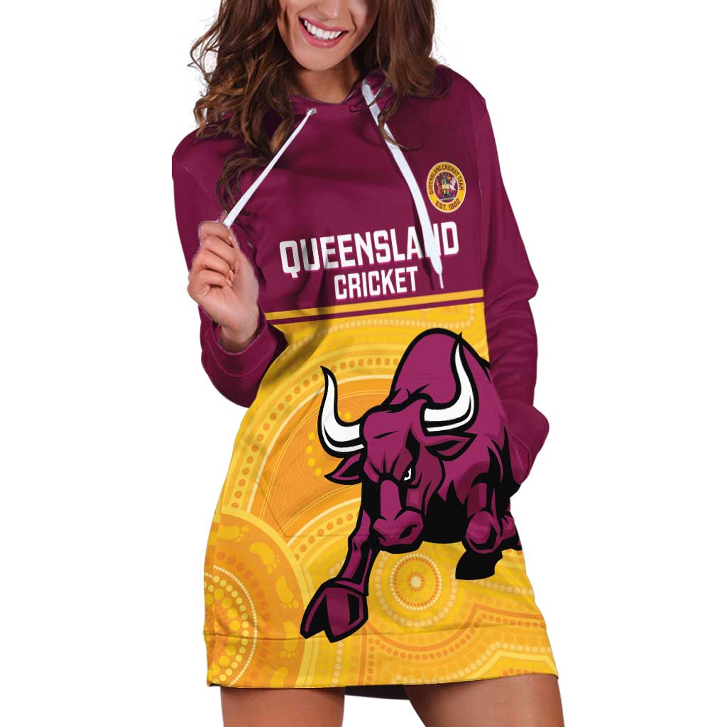 Custom Australia Queensland Cricket Hoodie Dress Go Bulls - Aboriginal Art - Vibe Hoodie Shop