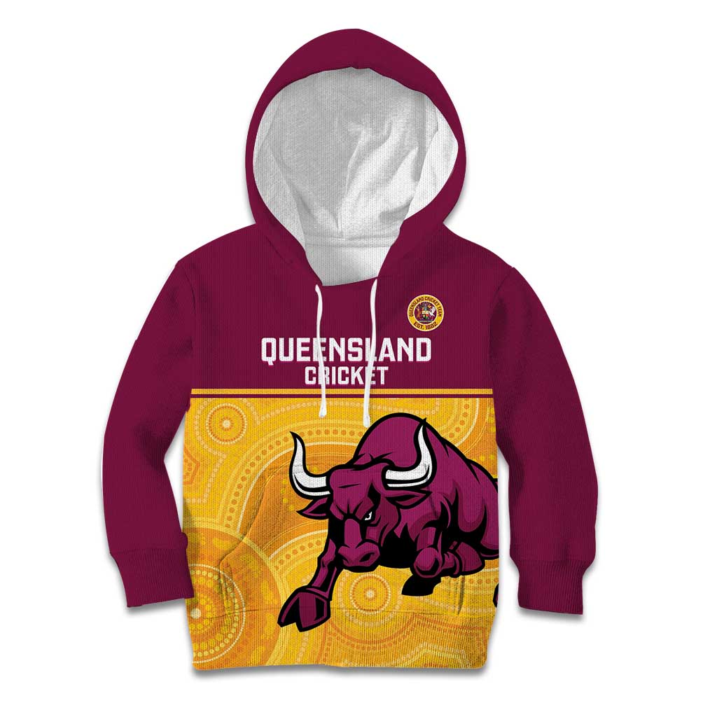 Custom Australia Queensland Cricket Kid Hoodie Go Bulls - Aboriginal Art - Vibe Hoodie Shop