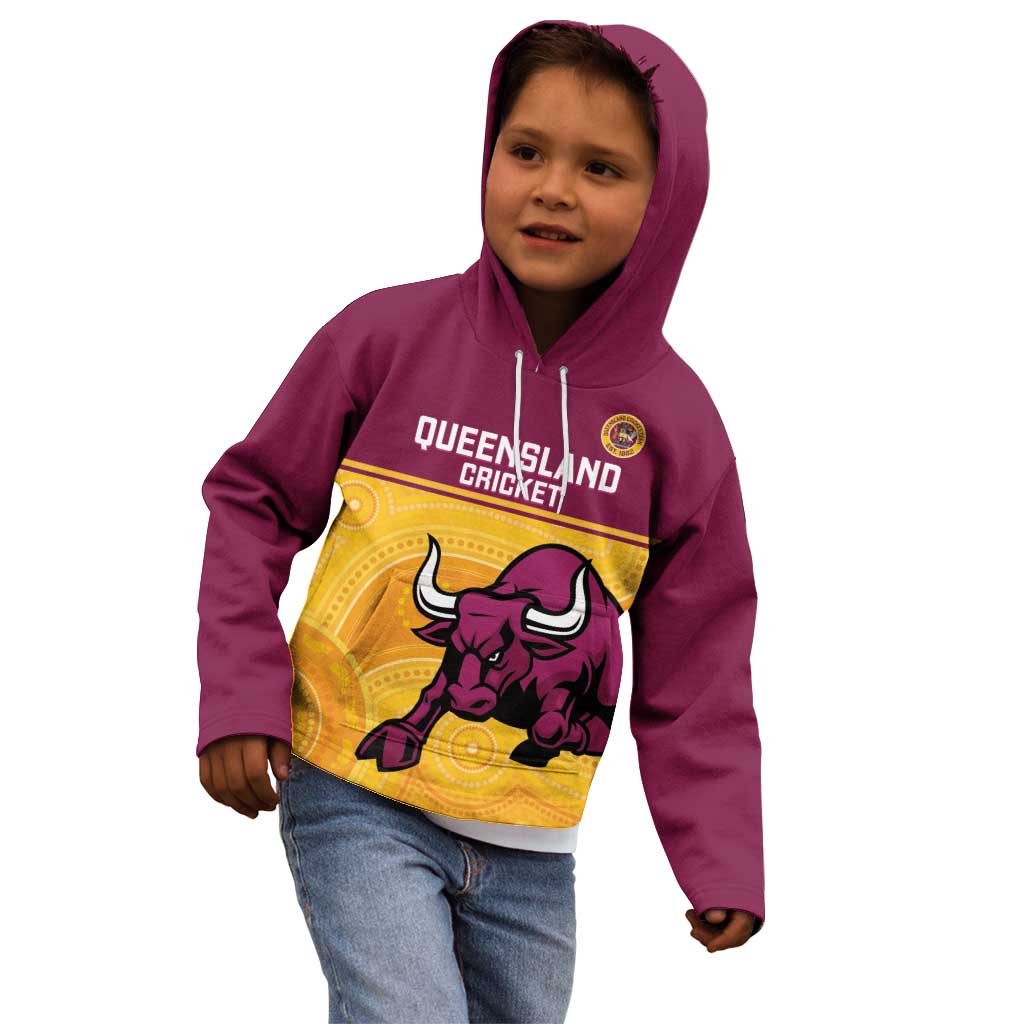 Custom Australia Queensland Cricket Kid Hoodie Go Bulls - Aboriginal Art - Vibe Hoodie Shop