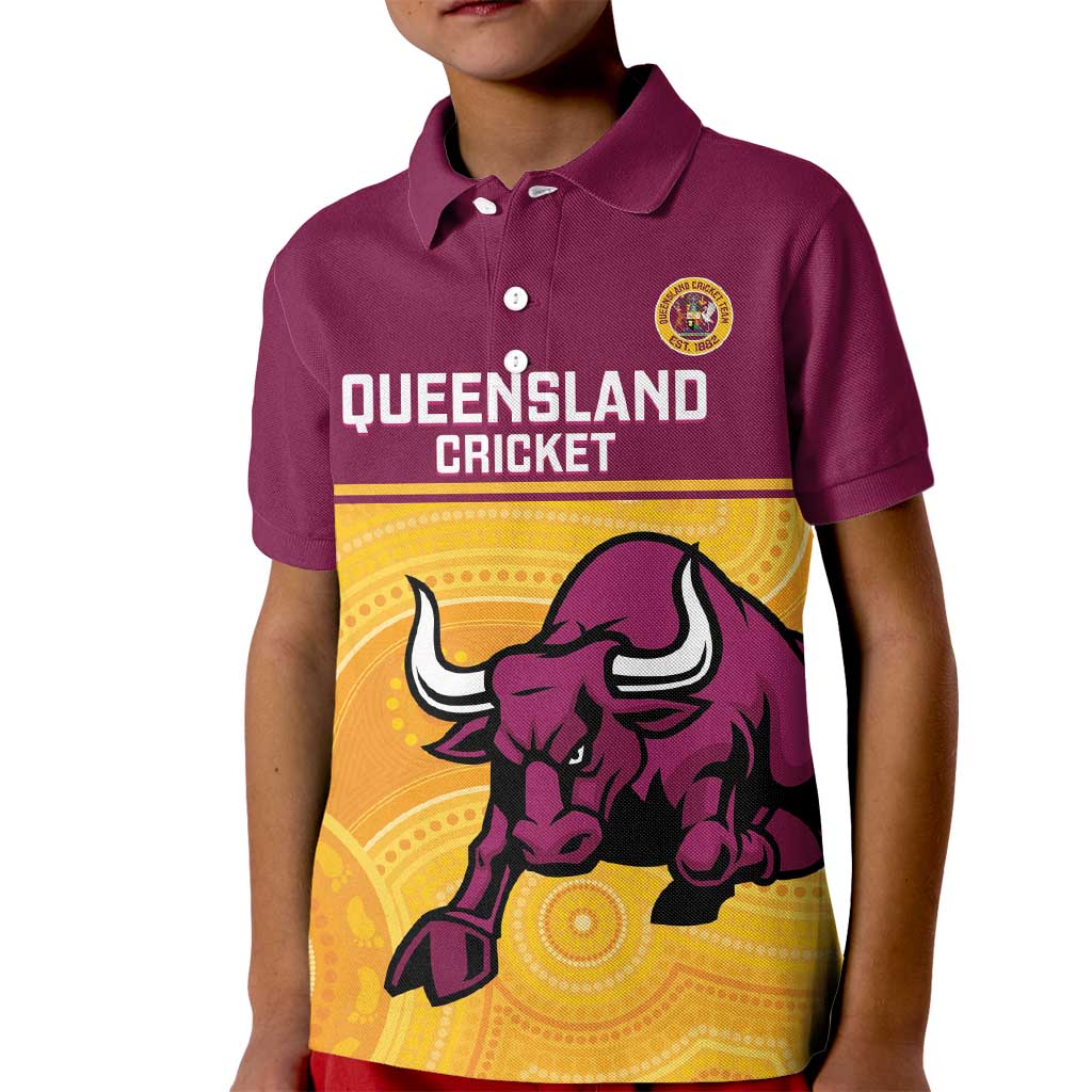 Custom Australia Queensland Cricket Kid Polo Shirt Go Bulls - Aboriginal Art - Vibe Hoodie Shop