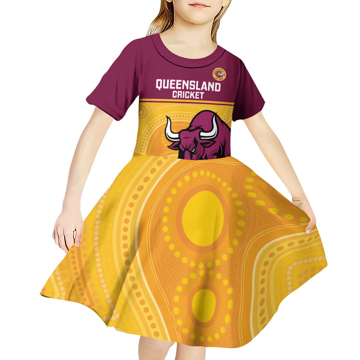 Custom Australia Queensland Cricket Kid Short Sleeve Dress Go Bulls - Aboriginal Art - Vibe Hoodie Shop