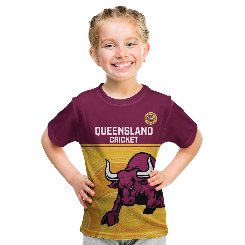 Custom Australia Queensland Cricket Kid T Shirt Go Bulls - Aboriginal Art - Vibe Hoodie Shop