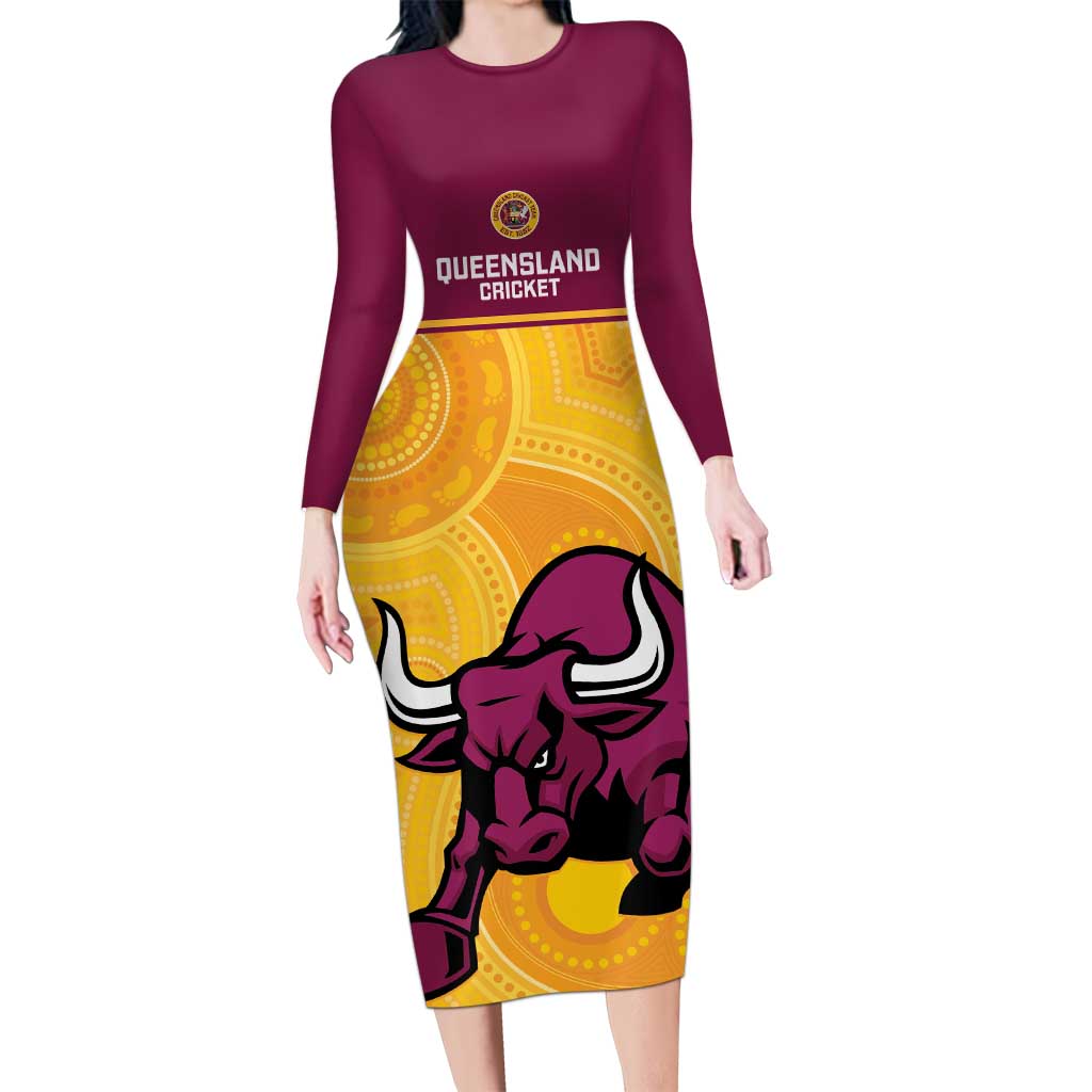 Custom Australia Queensland Cricket Long Sleeve Bodycon Dress Go Bulls - Aboriginal Art