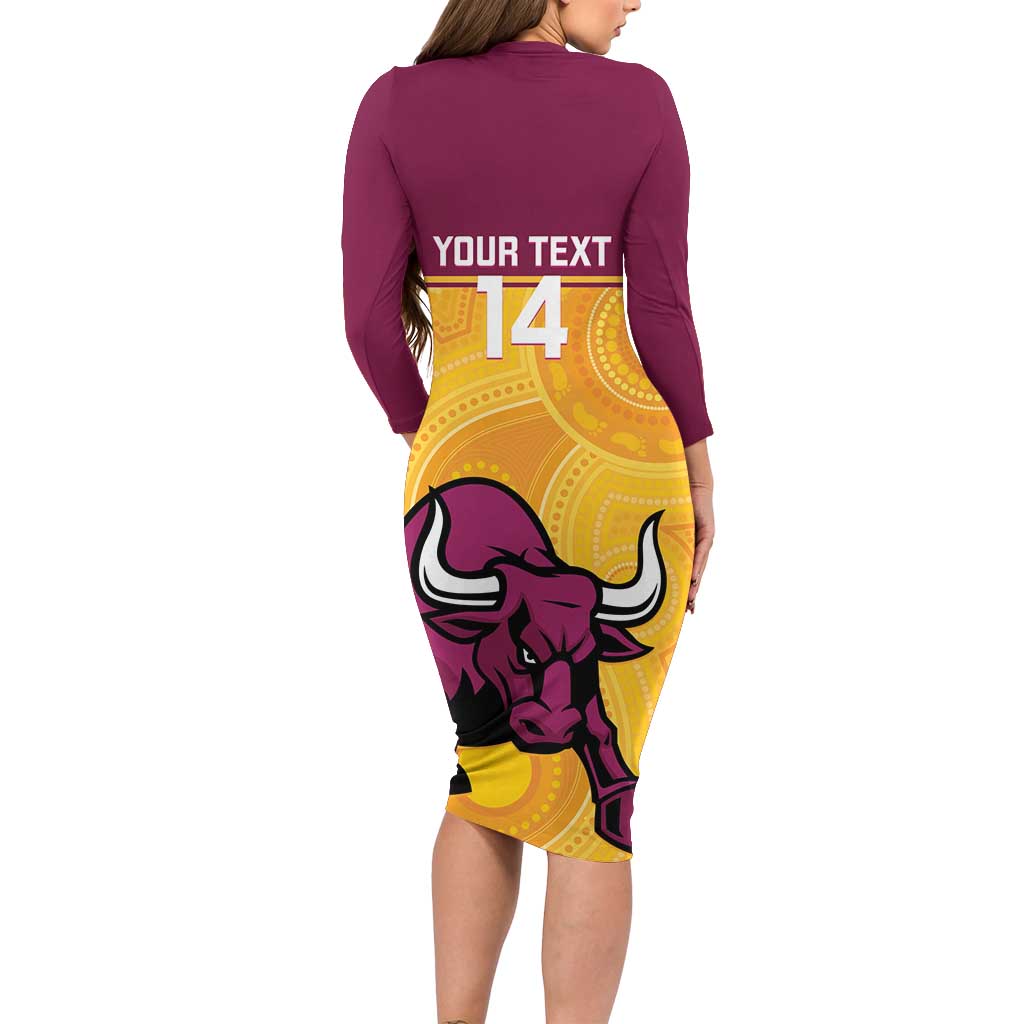 Custom Australia Queensland Cricket Long Sleeve Bodycon Dress Go Bulls - Aboriginal Art