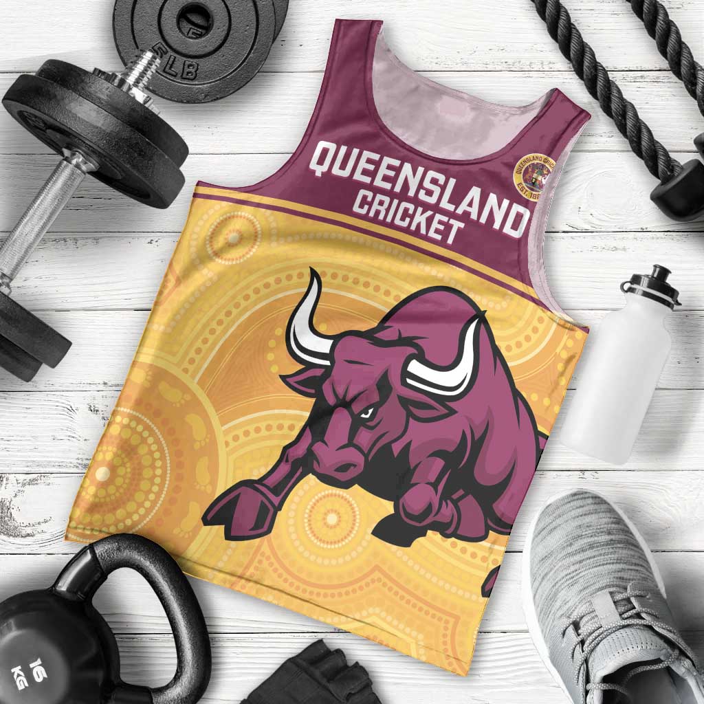 Custom Australia Queensland Cricket Men Tank Top Go Bulls - Aboriginal Art - Vibe Hoodie Shop