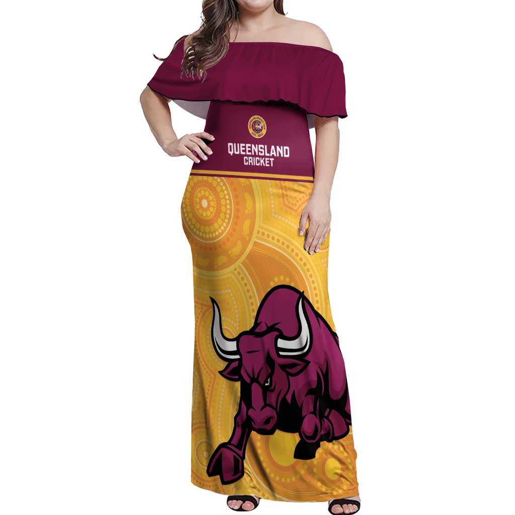 Custom Australia Queensland Cricket Off Shoulder Maxi Dress Go Bulls - Aboriginal Art