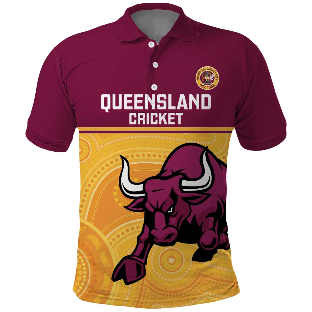 Custom Australia Queensland Cricket Polo Shirt Go Bulls - Aboriginal Art - Vibe Hoodie Shop