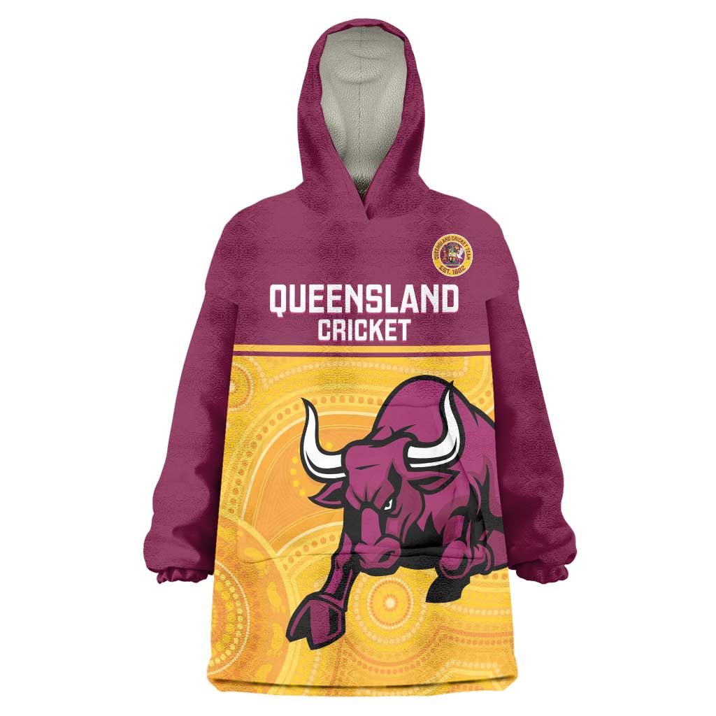 Custom Australia Queensland Cricket Wearable Blanket Hoodie Go Bulls - Aboriginal Art - Vibe Hoodie Shop