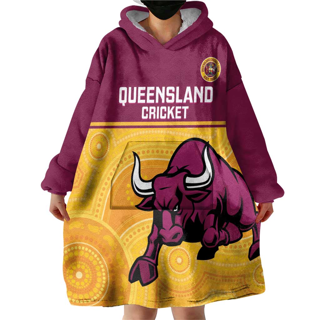 Custom Australia Queensland Cricket Wearable Blanket Hoodie Go Bulls - Aboriginal Art - Vibe Hoodie Shop