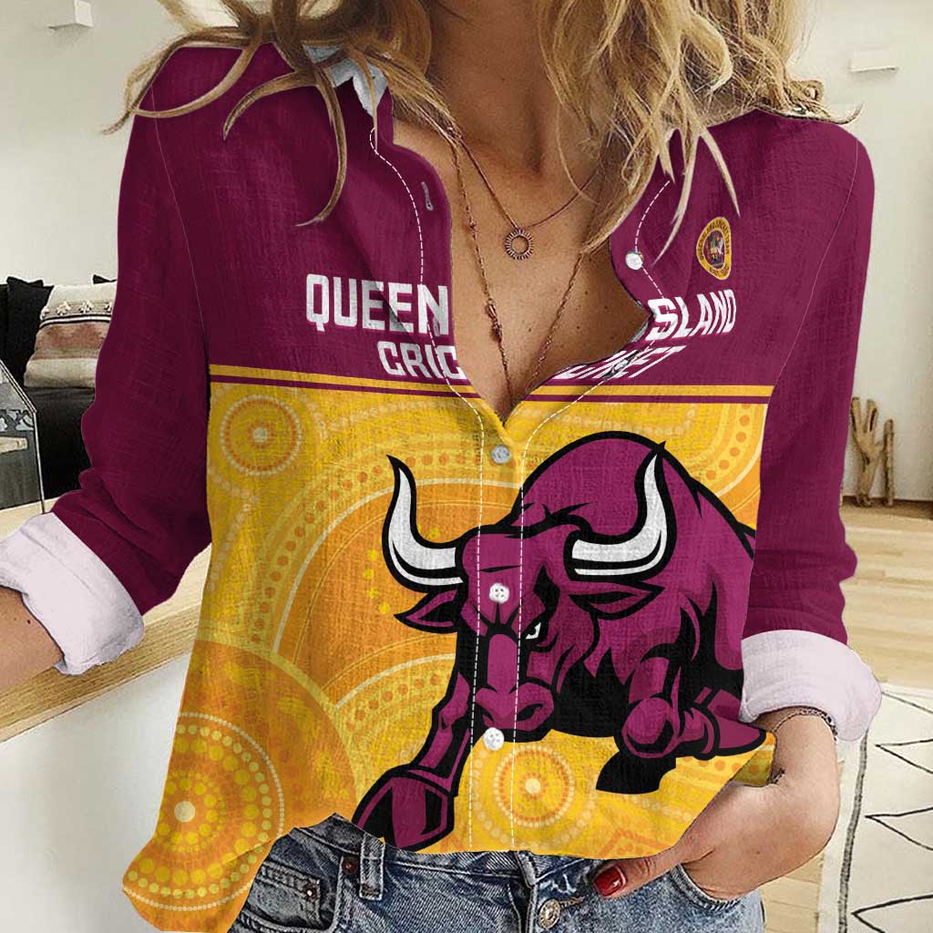 Custom Australia Queensland Cricket Women Casual Shirt Go Bulls - Aboriginal Art - Vibe Hoodie Shop