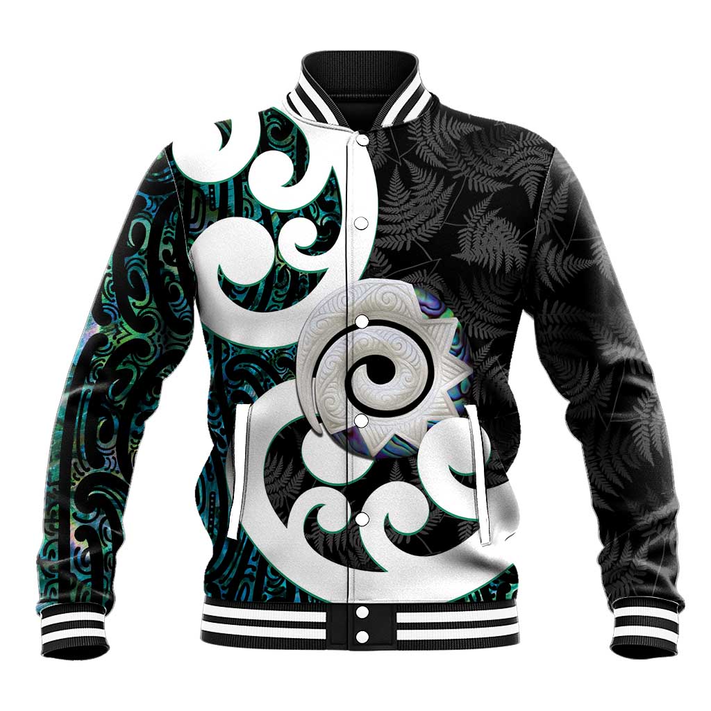 Aotearoa Koru Baseball Jacket Cyan Maori Paua Shell Mix Silver Fern - Vibe Hoodie Shop