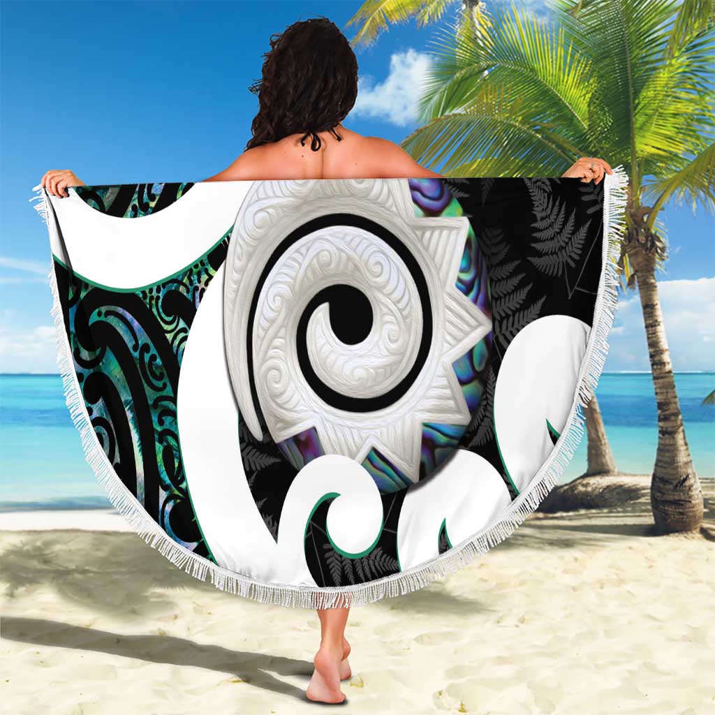 Aotearoa Koru Beach Blanket Cyan Maori Paua Shell Mix Silver Fern