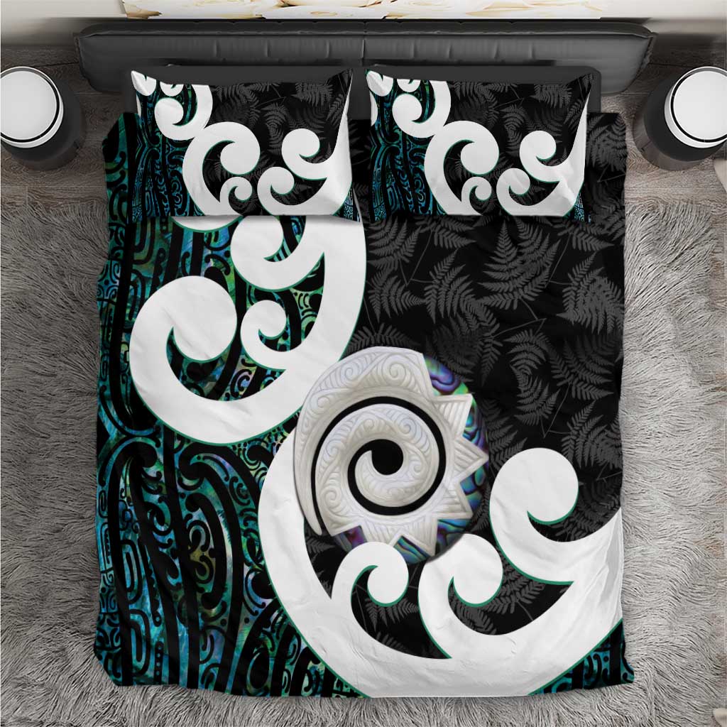 Aotearoa Koru Bedding Set Cyan Maori Paua Shell Mix Silver Fern - Vibe Hoodie Shop