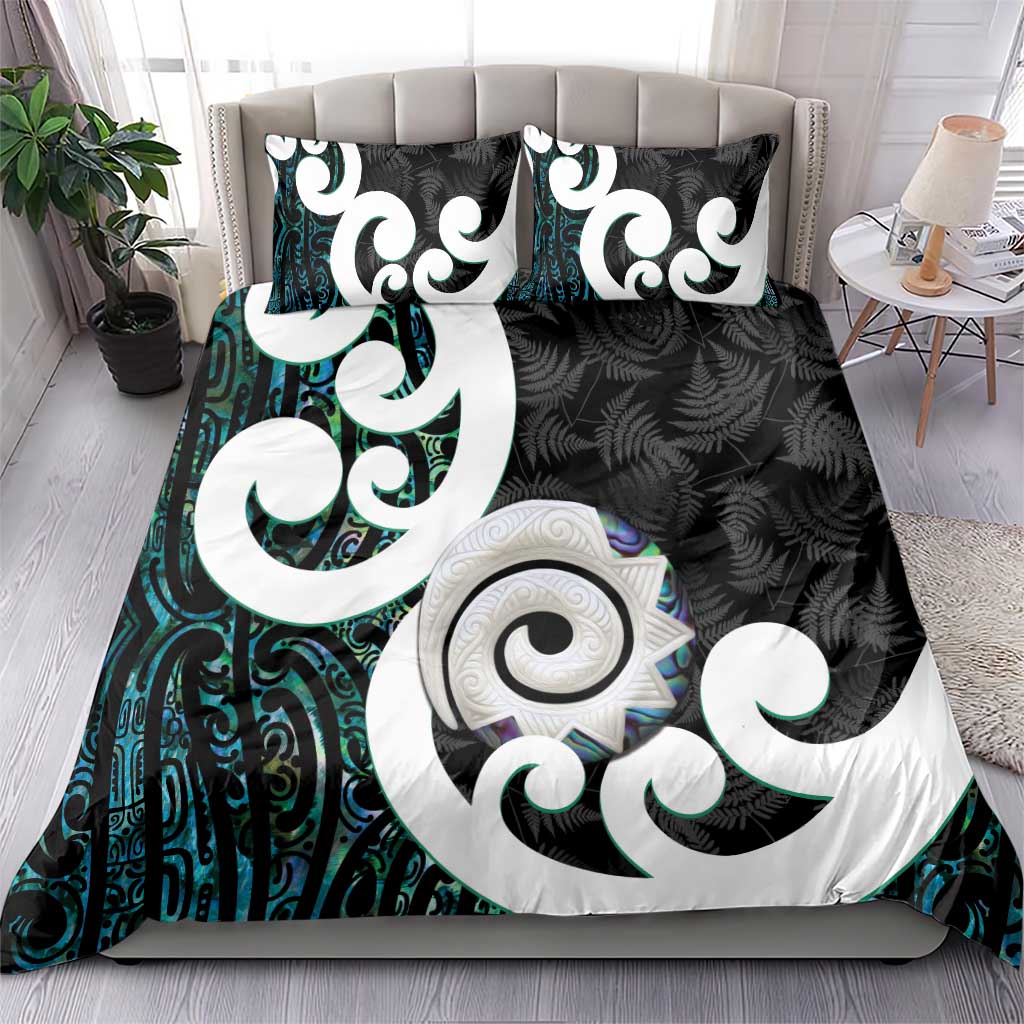 Aotearoa Koru Bedding Set Cyan Maori Paua Shell Mix Silver Fern - Vibe Hoodie Shop