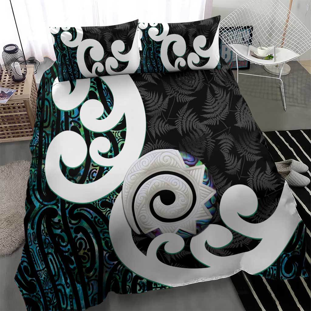 Aotearoa Koru Bedding Set Cyan Maori Paua Shell Mix Silver Fern - Vibe Hoodie Shop