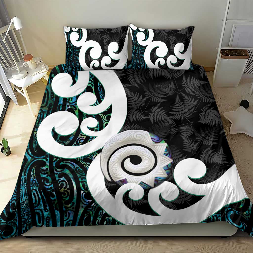 Aotearoa Koru Bedding Set Cyan Maori Paua Shell Mix Silver Fern - Vibe Hoodie Shop