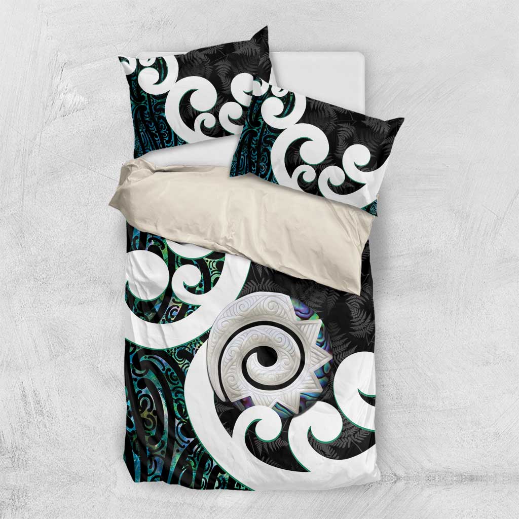 Aotearoa Koru Bedding Set Cyan Maori Paua Shell Mix Silver Fern - Vibe Hoodie Shop