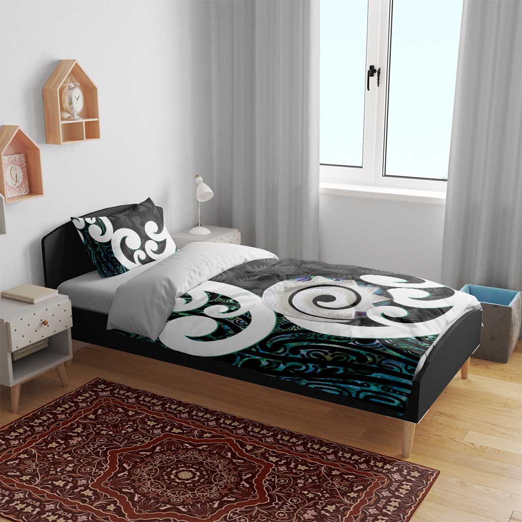 Aotearoa Koru Bedding Set Cyan Maori Paua Shell Mix Silver Fern - Vibe Hoodie Shop