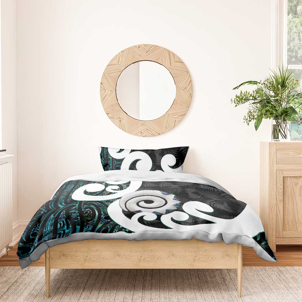 Aotearoa Koru Bedding Set Cyan Maori Paua Shell Mix Silver Fern - Vibe Hoodie Shop