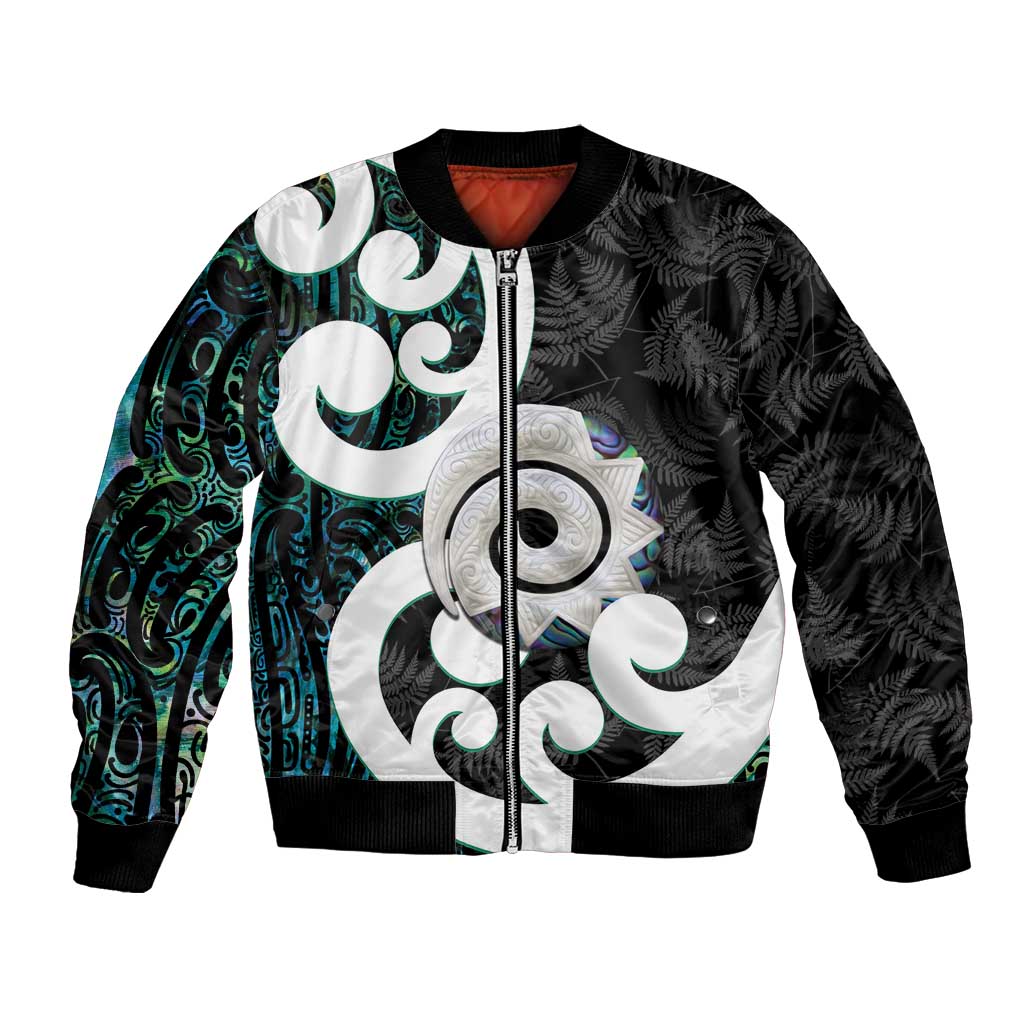 Aotearoa Koru Bomber Jacket Cyan Maori Paua Shell Mix Silver Fern - Vibe Hoodie Shop